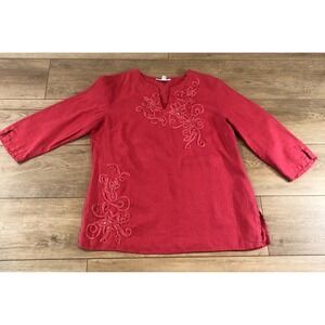 JM Collection Coral Pink 3/4 Sleeve 100% Linen Tunic Top Embroidered Sequin Sz16
